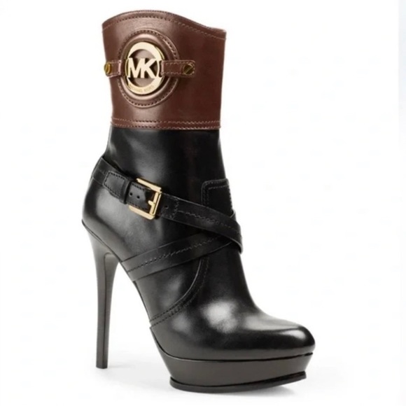 Michael Kors ‘Stockard’ Two Tone Black/Mocha Leather Platform Bootie Size 8 - Picture 7 of 9